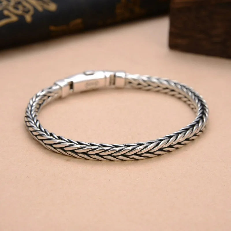 Swanery Men's 925 Sterling Silver Silver Braided Hexagon Bracelet – Handmade Solid Silver Cuff Bracelet For Men