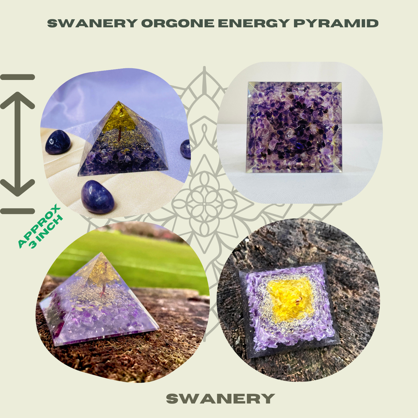 Swanery orgone energy pyramid with peridot and amethyst