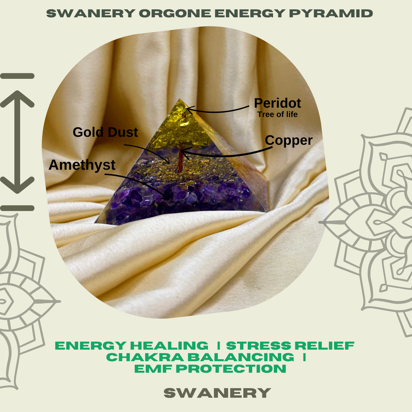 Swanery orgone energy pyramid with peridot and amethyst