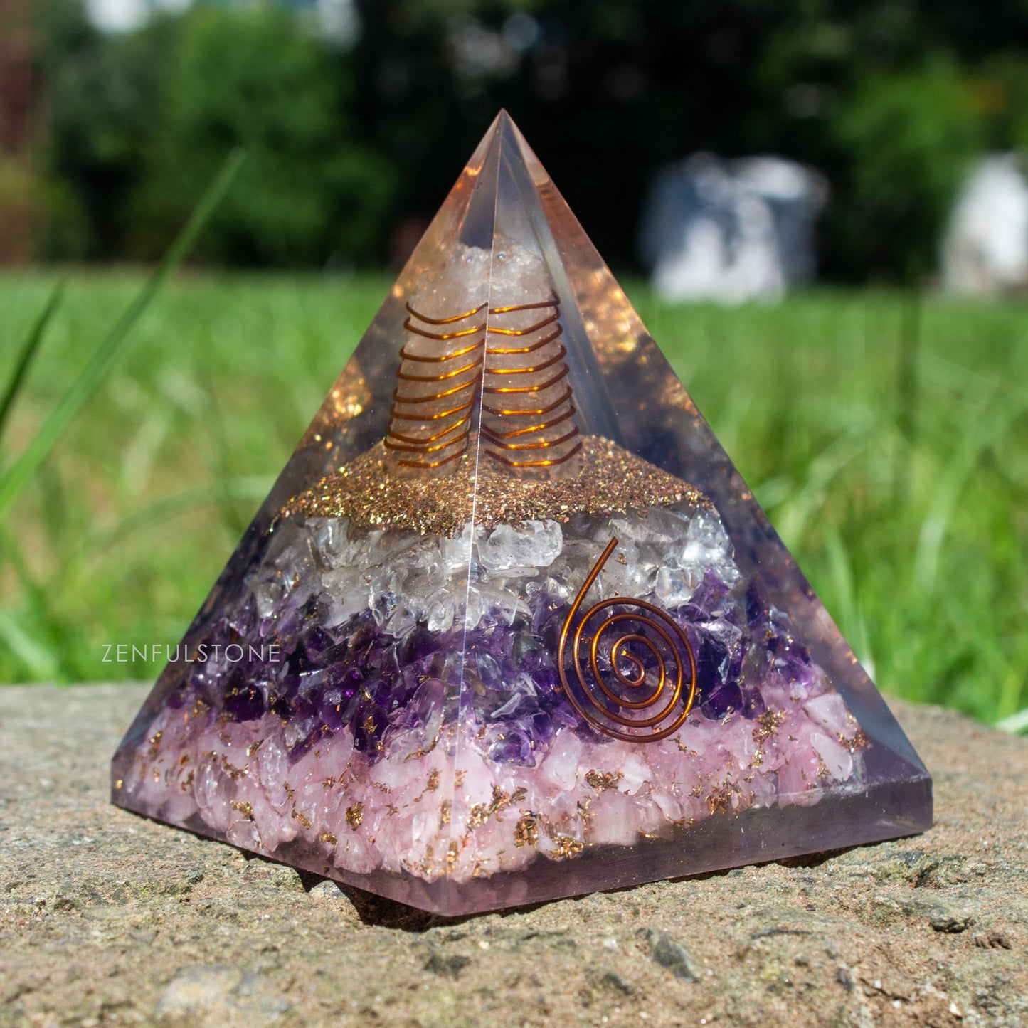 Amethyst, Clear Quartz & Rose Quartz Triple Layered Orgone Pyramid