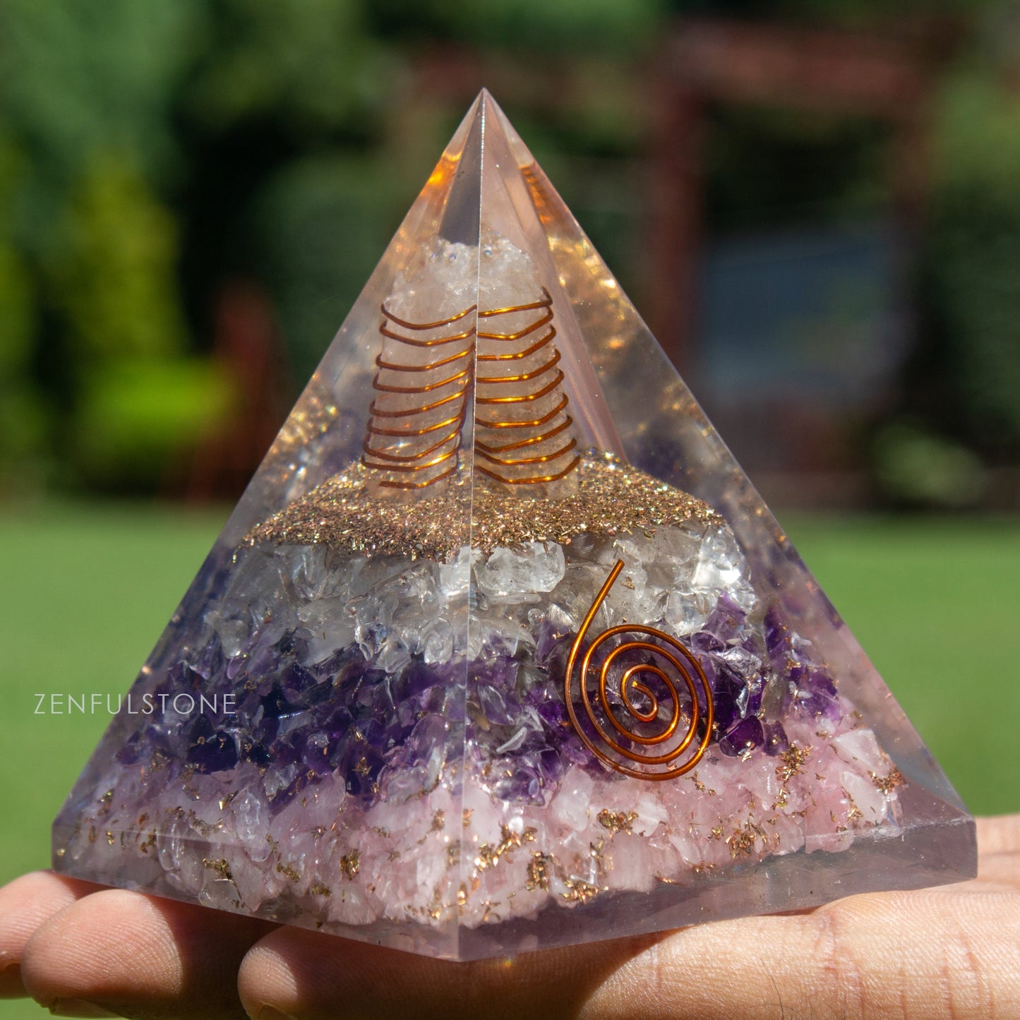 Amethyst, Clear Quartz & Rose Quartz Triple Layered Orgone Pyramid
