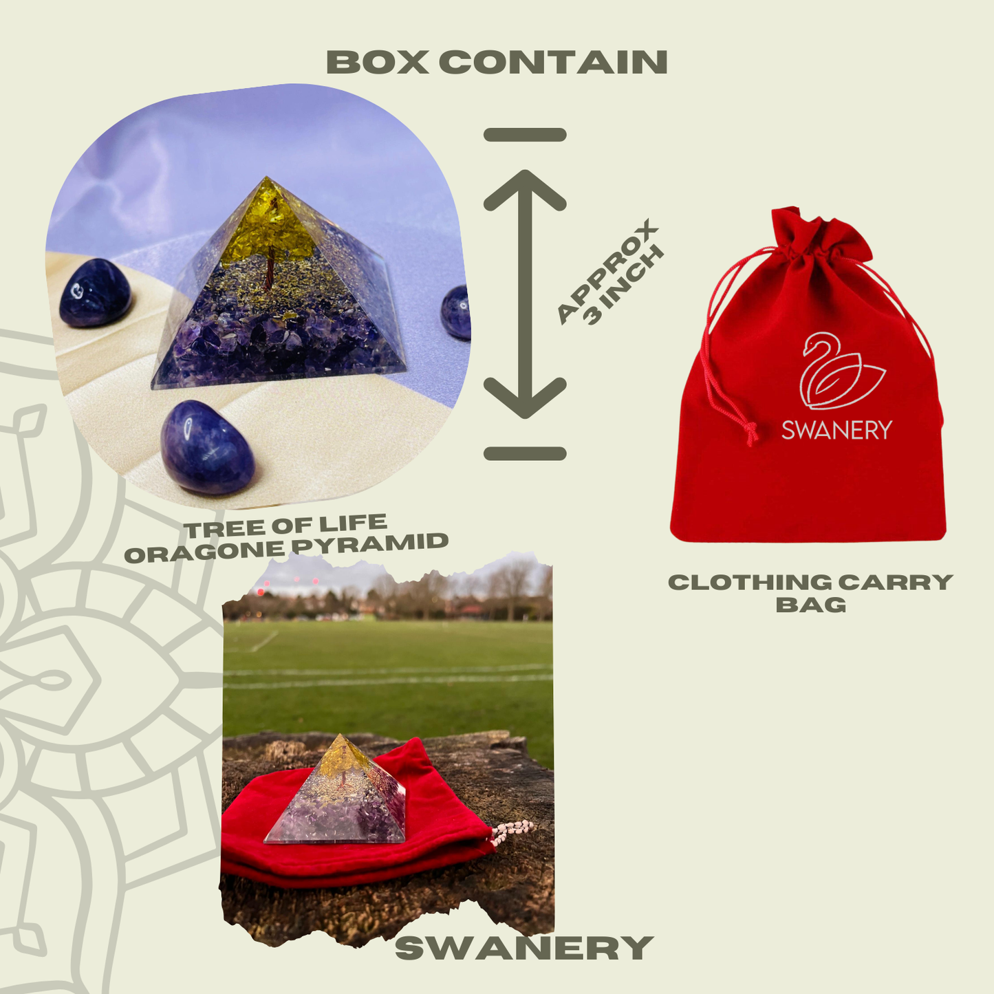 Swanery orgone energy pyramid with peridot and amethyst