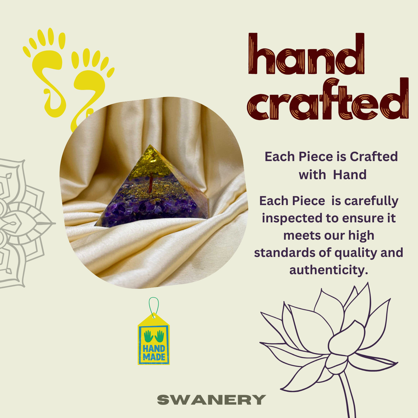 Swanery orgone energy pyramid with peridot and amethyst