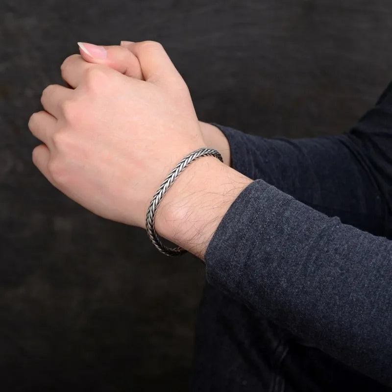Swanery Men's 925 Sterling Silver Silver Braided Hexagon Bracelet  – Handmade Solid Silver Cuff Bracelet For Men