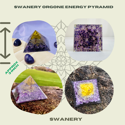 Swanery orgone energy pyramid with peridot and amethyst