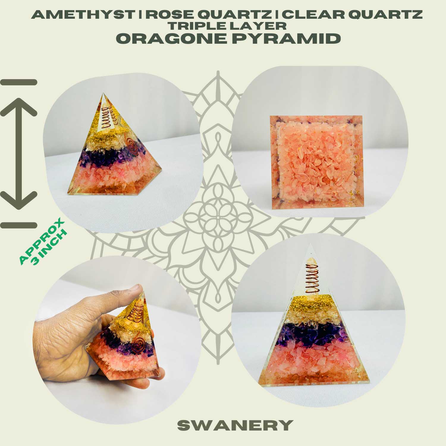 Reiki Energy Charged Orgone Pyramid - Rose Quartz , Amethyst and Clear Quartz