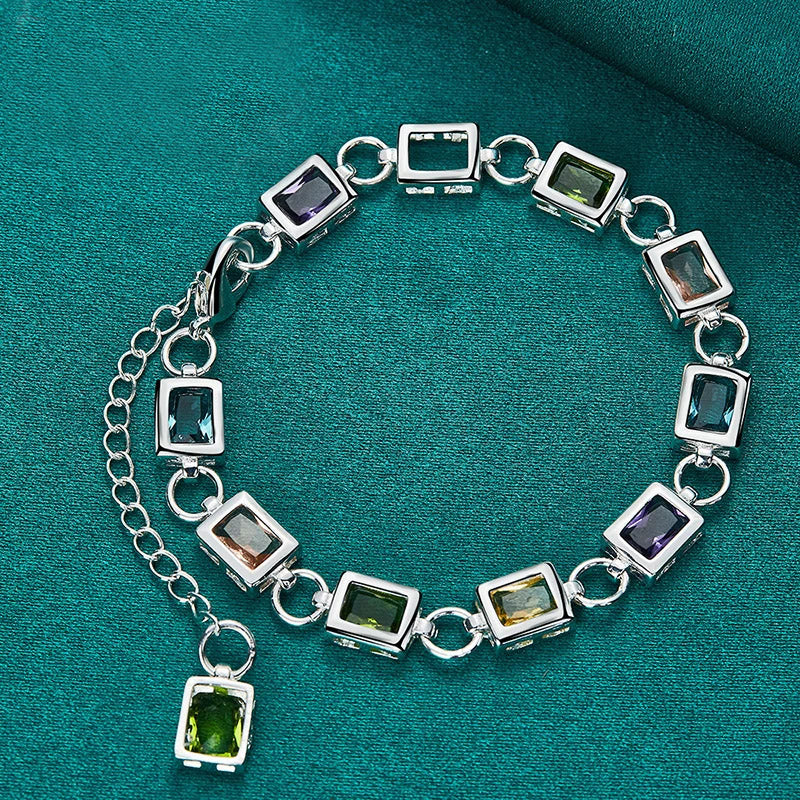AAA Zircon Multi-color Bracelet 925 Sterling Square Silver bracelet for Women