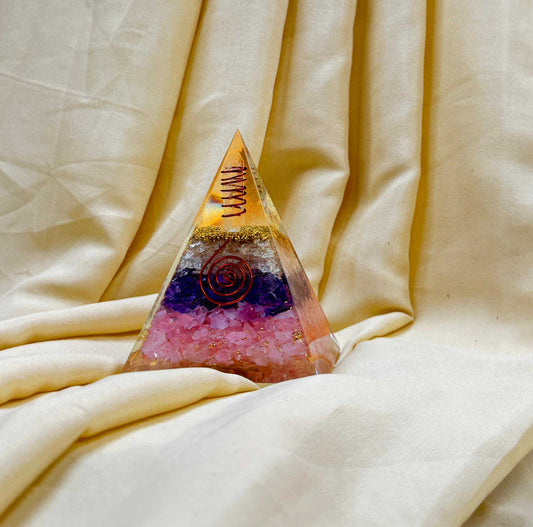 Reiki Energy Charged Orgone Pyramid - Rose Quartz , Amethyst and Clear Quartz