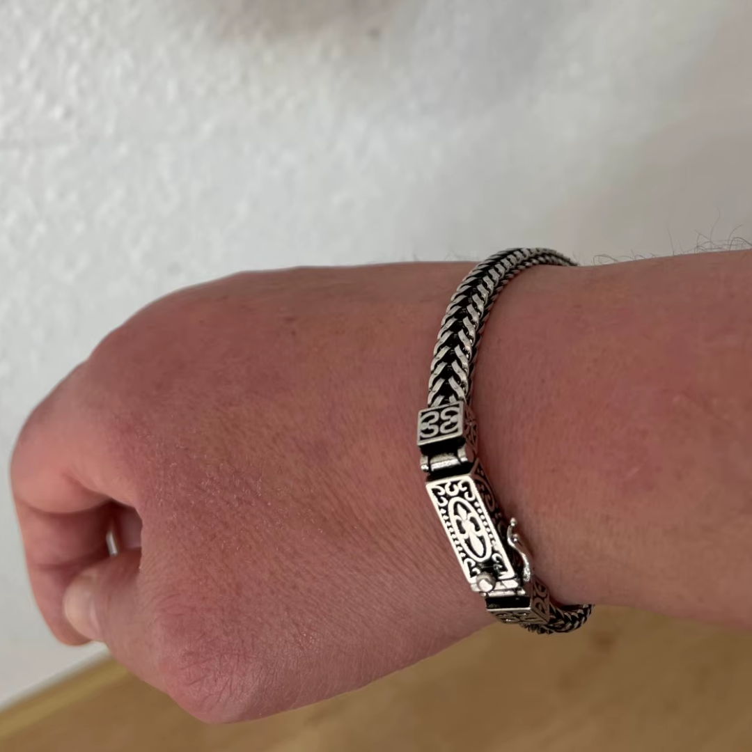 Swanery Men's 925 Sterling Silver Silver Braided Hexagon Bracelet  – Handmade Solid Silver Cuff Bracelet For Men
