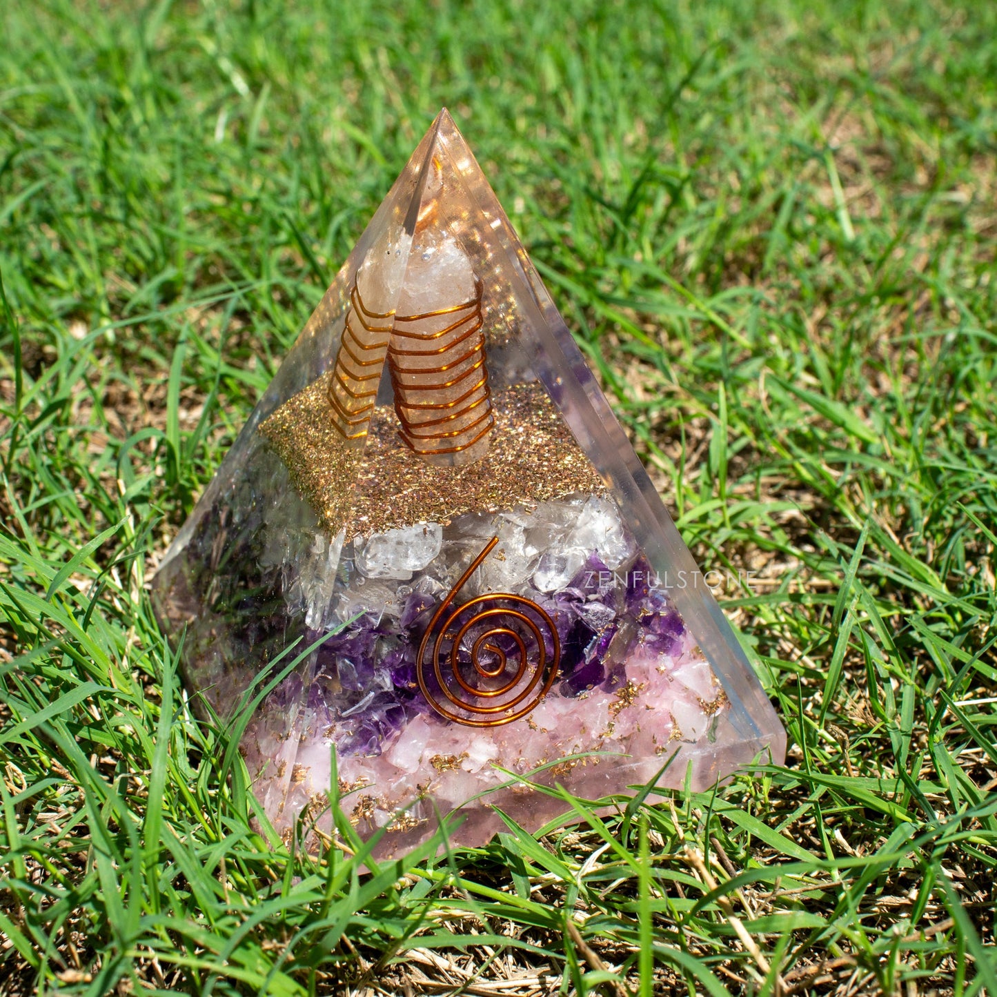 Amethyst, Clear Quartz & Rose Quartz Triple Layered Orgone Pyramid