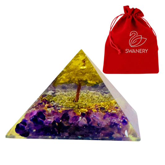 Swanery orgone energy pyramid with peridot and amethyst