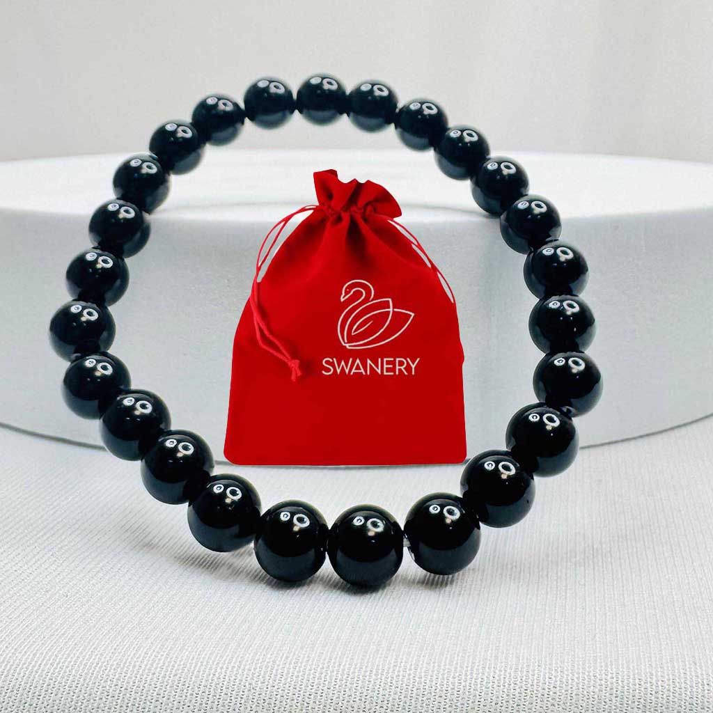 Black bracelet for Men Natural Black Tourmaline Bracelet - 8mm Beads, Stretch Elastic, Protective Healing Crystal Bracelet (8cm)