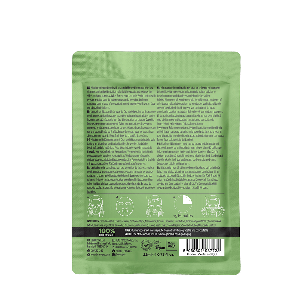 BeautyPro Cica + Niacinamide Blemish Control Chia Seed Facial Sheet Mask (22ml) - Swanery