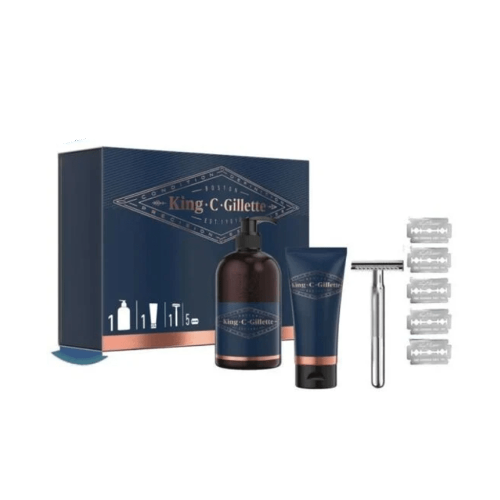 Gillette King C Shave Trial Kit 8 Piece Gift Set (Razor + 150ml Shave Gel + 5 Blades + 350ml Beard Wash) - Swanery