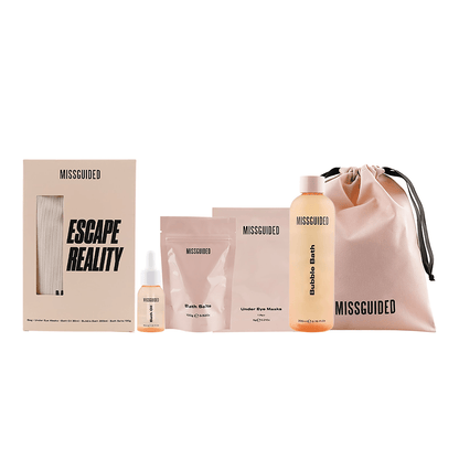 Missguided Escape Reality Bath & Body Gift Set (Bath Oil 30ml + Bath Salts 100g + Under Eye Mask + Bubble Bath 200ml + Drawstring Bag) - Swanery