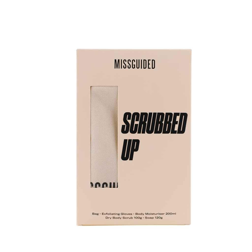 Missguided Scrubbed Up Bath & Body Gift Set (Exfoliating Gloves + Body Moisturiser 200ml + Dry Body Scrub 100ml + Soap 120g + Drawstring Bag) - Swanery