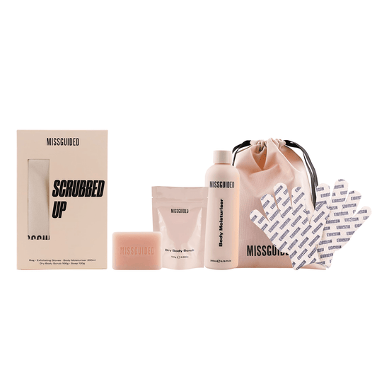 Missguided Scrubbed Up Bath & Body Gift Set (Exfoliating Gloves + Body Moisturiser 200ml + Dry Body Scrub 100ml + Soap 120g + Drawstring Bag) - Swanery