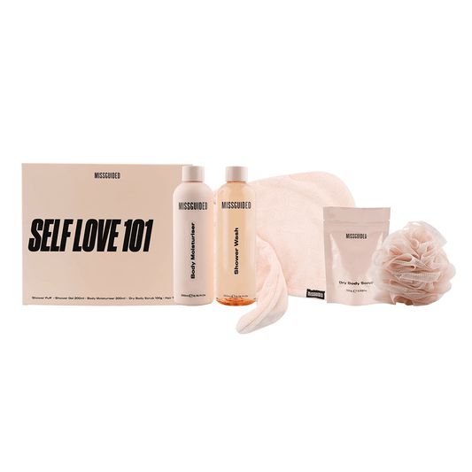 Missguided Self Love 101 Body & Hair Gift Set (Shower Gel 200ml + Body Moisturiser 200ml + Hair Towel + Shower Puff + Dry Body Scrub 100ml) - Swanery