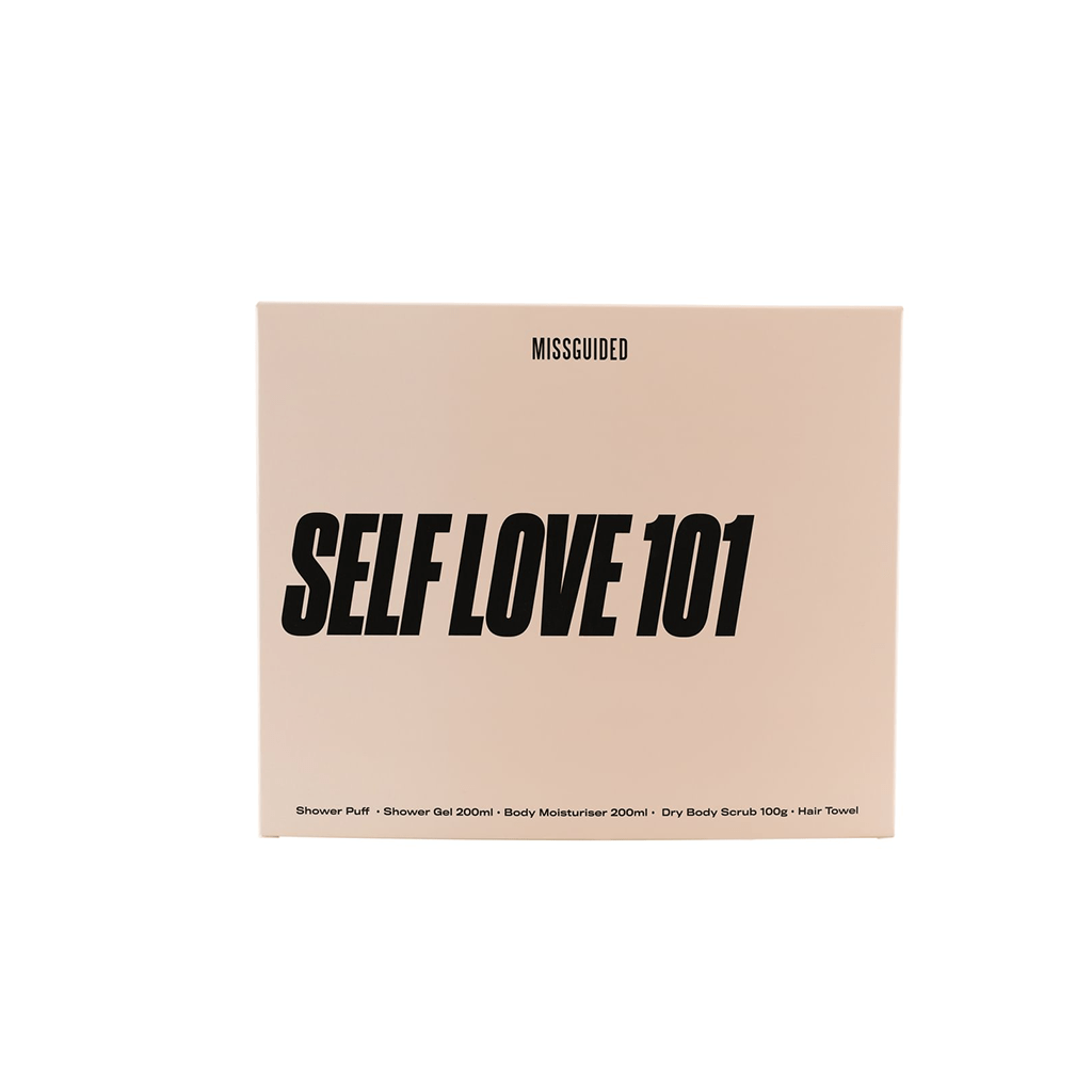 Missguided Self Love 101 Body & Hair Gift Set (Shower Gel 200ml + Body Moisturiser 200ml + Hair Towel + Shower Puff + Dry Body Scrub 100ml) - Swanery