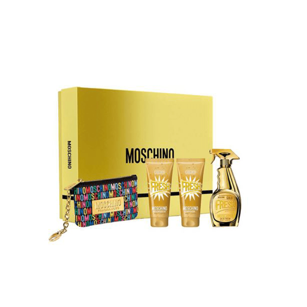 Moschino Gold Fresh Couture Eau de Parfum Women's Perfume Gift Set Spray (100ml) with Bath & Shower Gel, Body Lotion & Rainbow Purse - Swanery