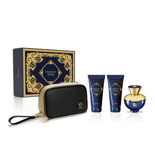 Versace Dylan Blue Femme Eau de Parfum Perfume Gift Set Spray (100ml) with Shower Gel, Body Lotion + Pouch - Swanery